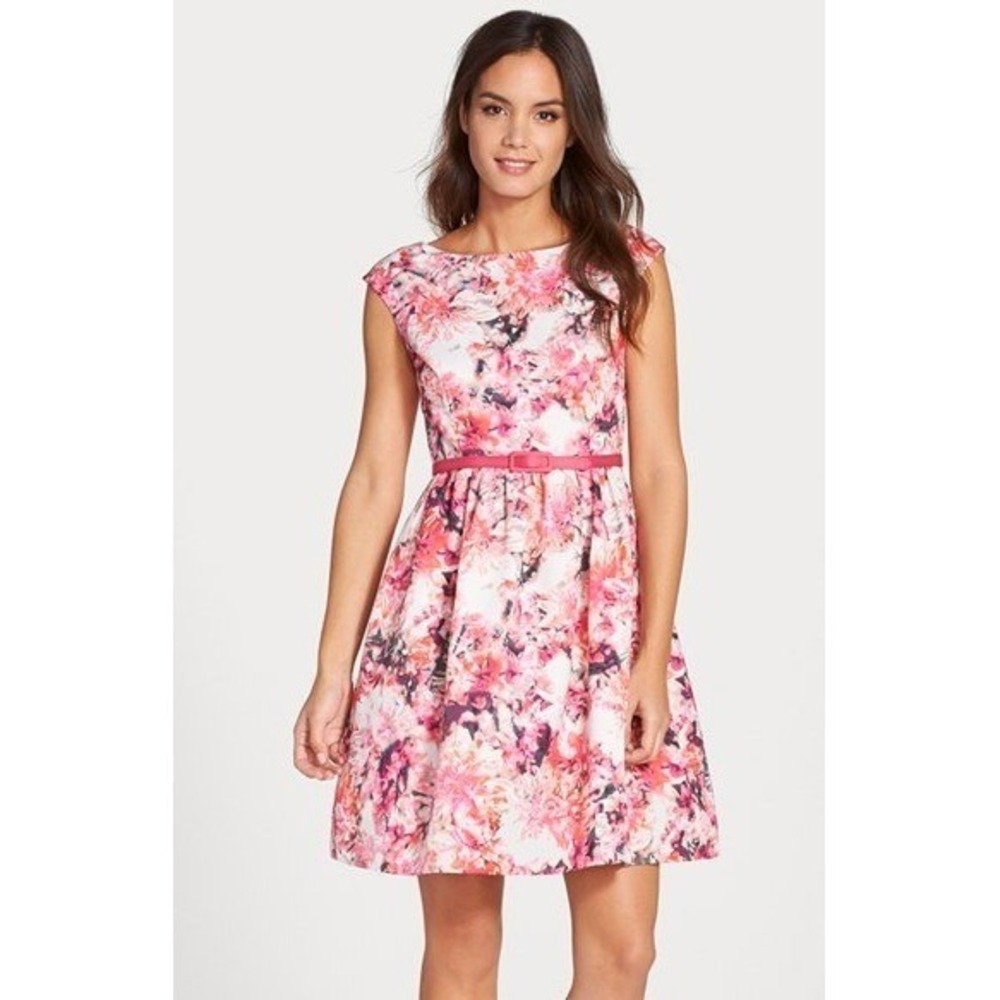 Eliza J Pink Floral Belted Fit and Flare Dress Sleeveless Pockets Womens 12 NEW